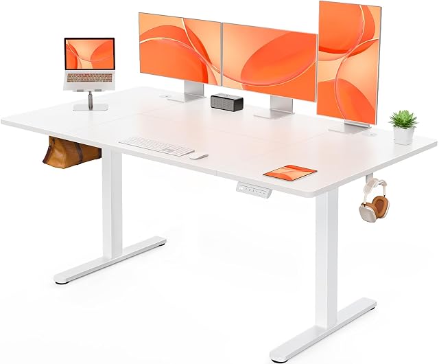 ErGear elektrischer Steh-Sitz-Tisch mit weißem Gestell und Holzoptik-Platte