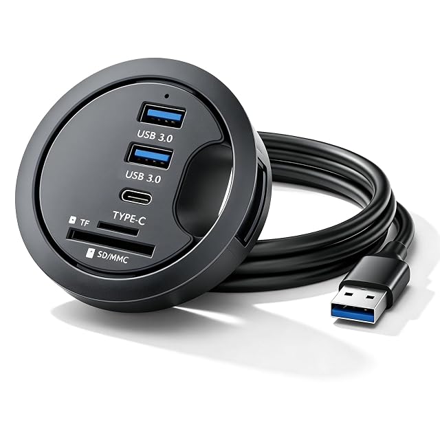 Leikurvo USB-Hub bündig in einem Tisch-Kabeldurchführungsloch montiert